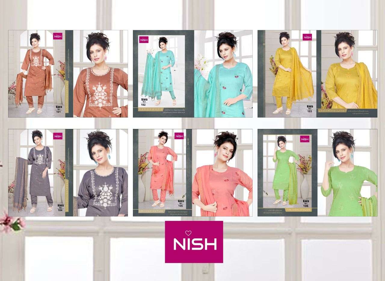 KIARA VOL-1 BY NISH 101 TO 106 SERIES BEAUTIFUL SUITS COLORFUL STYLISH FANCY CASUAL WEAR & ETHNIC WEAR CHANDERI DRESSES AT WHOLESALE PRICE