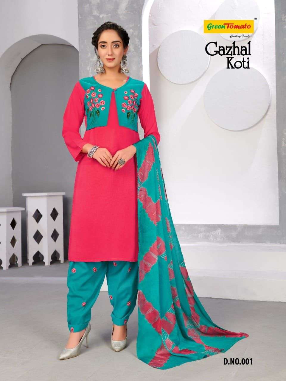 GAZHAL KOTI BY GREEN TOMATO 001 TO 008 SERIES BEAUTIFUL PATIALA SUITS COLORFUL STYLISH FANCY CASUAL WEAR & ETHNIC WEAR HEAVY RAYON EMBROIDERED DRESSES AT WHOLESALE PRICE
