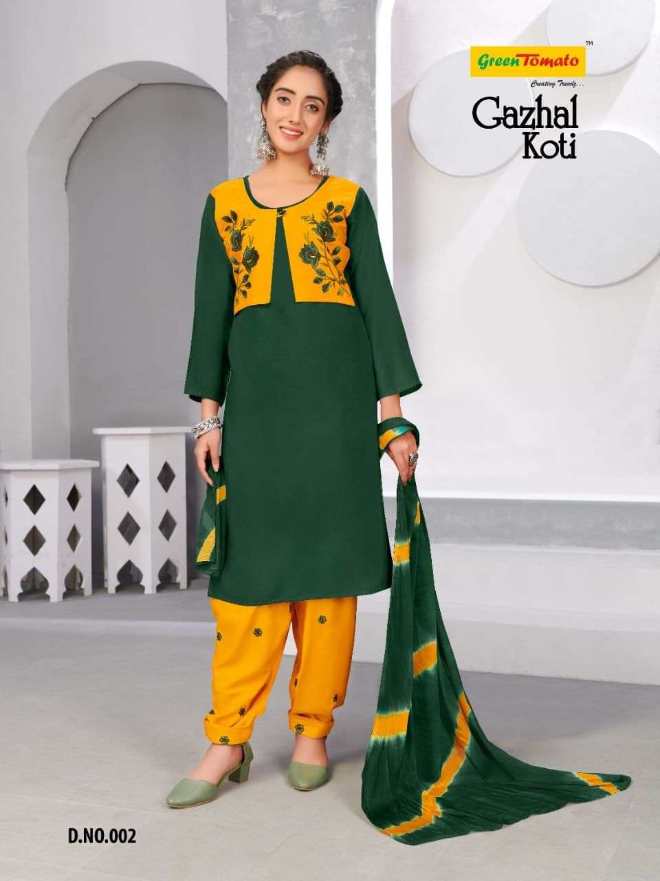 GAZHAL KOTI BY GREEN TOMATO 001 TO 008 SERIES BEAUTIFUL PATIALA SUITS COLORFUL STYLISH FANCY CASUAL WEAR & ETHNIC WEAR HEAVY RAYON EMBROIDERED DRESSES AT WHOLESALE PRICE