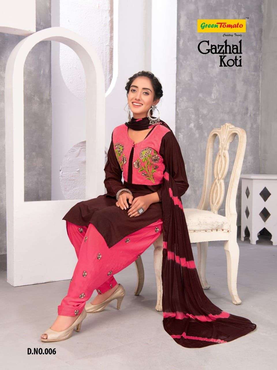 GAZHAL KOTI BY GREEN TOMATO 001 TO 008 SERIES BEAUTIFUL PATIALA SUITS COLORFUL STYLISH FANCY CASUAL WEAR & ETHNIC WEAR HEAVY RAYON EMBROIDERED DRESSES AT WHOLESALE PRICE