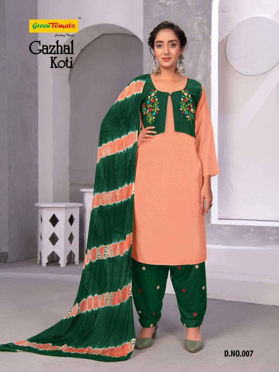 GAZHAL KOTI BY GREEN TOMATO 001 TO 008 SERIES BEAUTIFUL PATIALA SUITS COLORFUL STYLISH FANCY CASUAL WEAR & ETHNIC WEAR HEAVY RAYON EMBROIDERED DRESSES AT WHOLESALE PRICE
