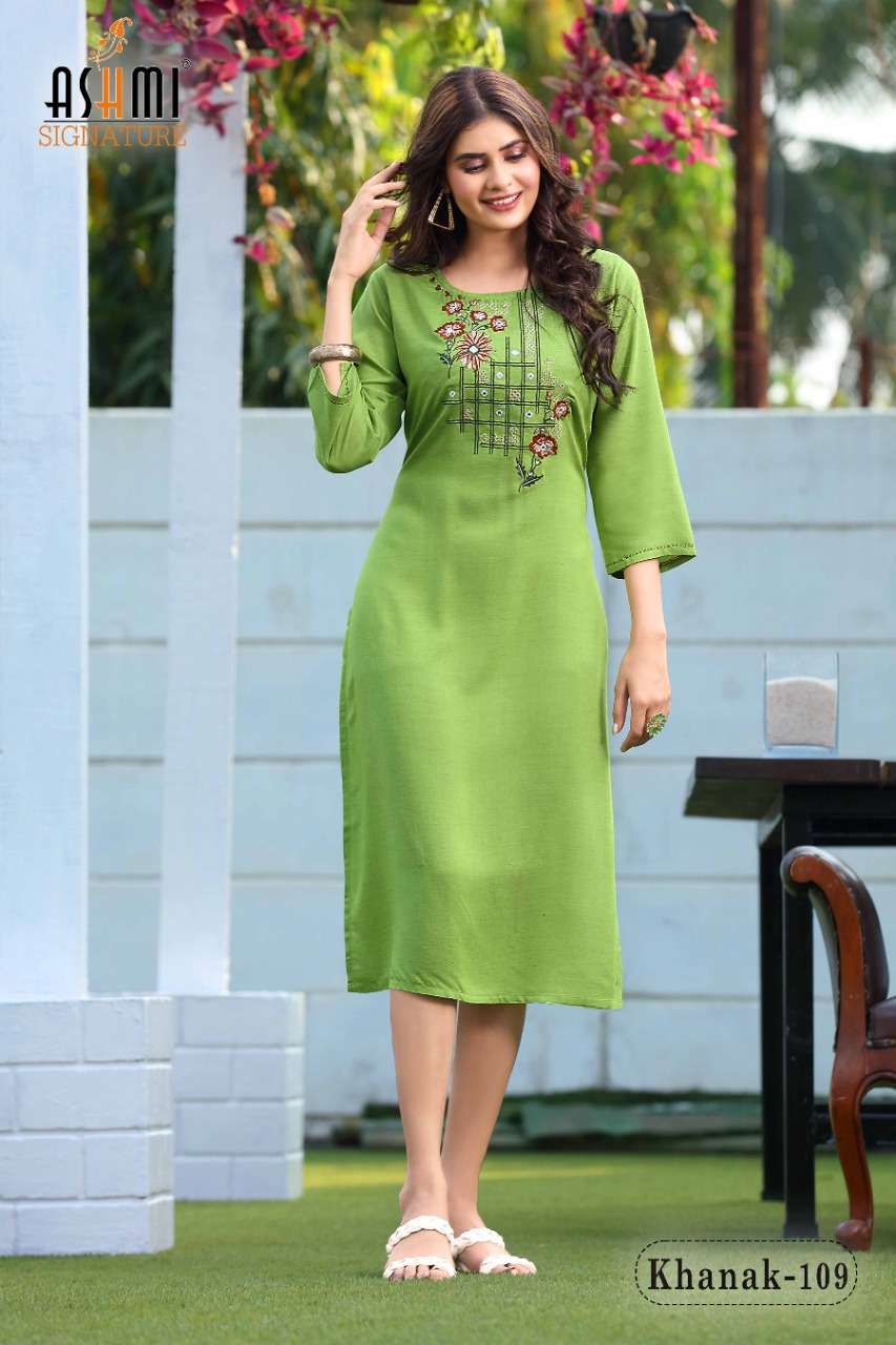 KHANAK BY ASHMI 101 TO 110 SERIES DESIGNER STYLISH FANCY COLORFUL BEAUTIFUL PARTY WEAR & ETHNIC WEAR COLLECTION RAYON EMBROIDERY KURTIS AT WHOLESALE PRICE