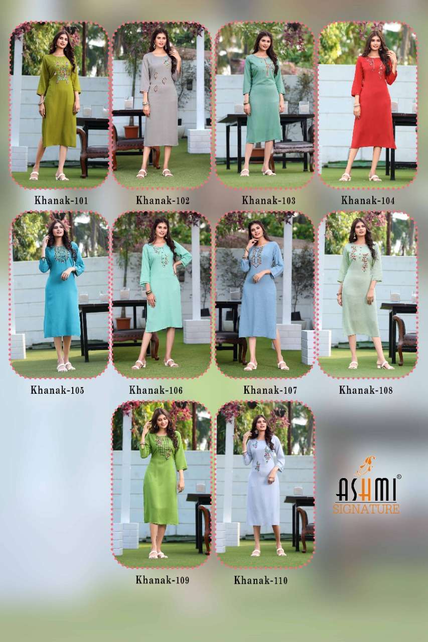 KHANAK BY ASHMI 101 TO 110 SERIES DESIGNER STYLISH FANCY COLORFUL BEAUTIFUL PARTY WEAR & ETHNIC WEAR COLLECTION RAYON EMBROIDERY KURTIS AT WHOLESALE PRICE