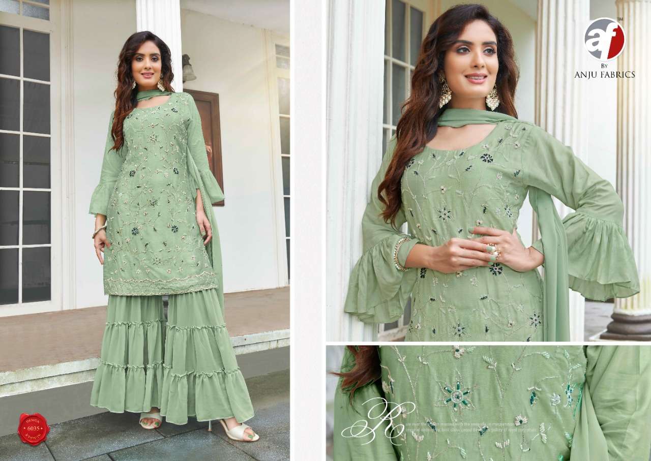 SAHIBA VOL-3 BY AF 6031 TO 6035 SERIES BEAUTIFUL SHARARA SUITS COLORFUL STYLISH FANCY CASUAL WEAR & ETHNIC WEAR DOLA SILK DRESSES AT WHOLESALE PRICE