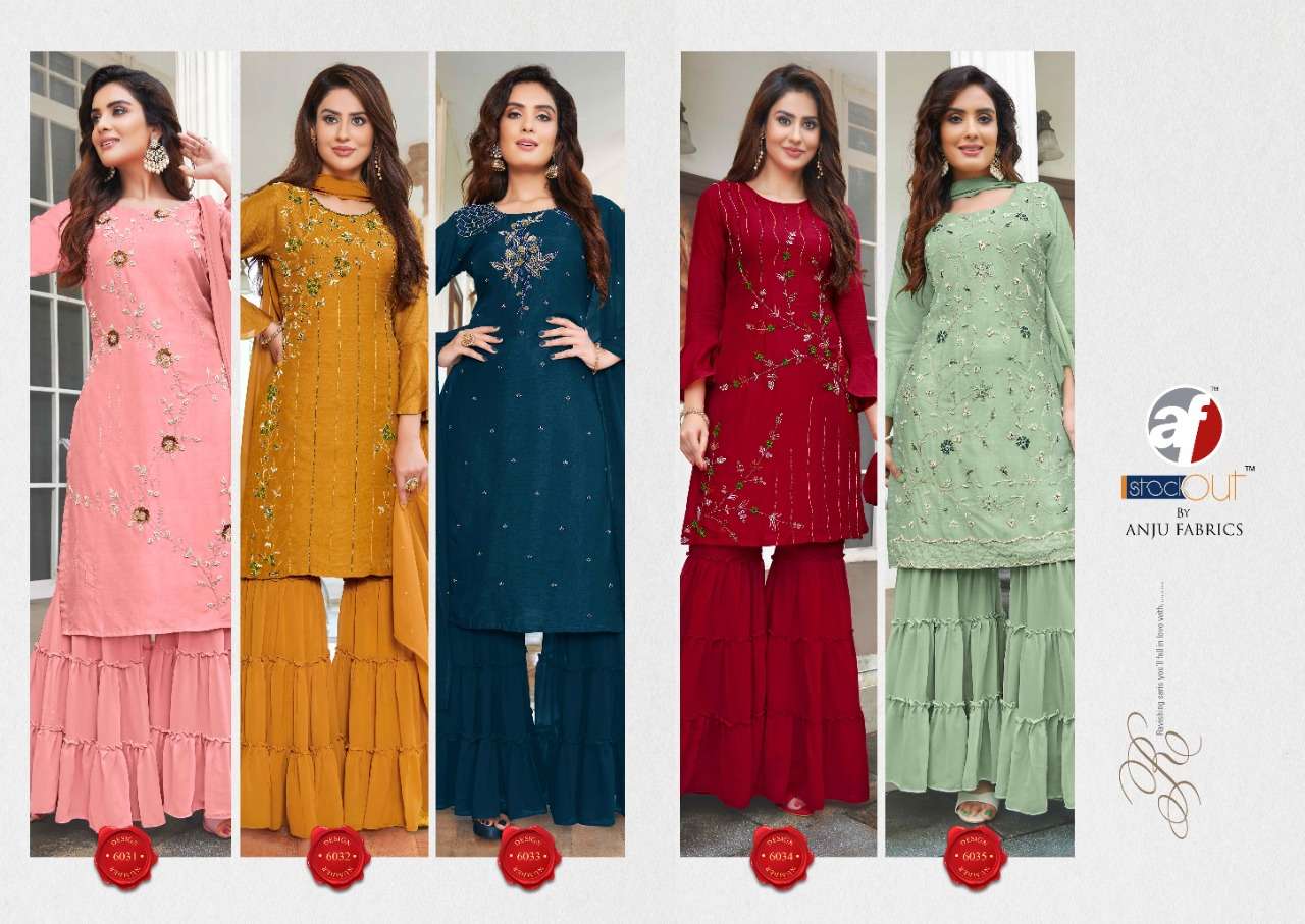 SAHIBA VOL-3 BY AF 6031 TO 6035 SERIES BEAUTIFUL SHARARA SUITS COLORFUL STYLISH FANCY CASUAL WEAR & ETHNIC WEAR DOLA SILK DRESSES AT WHOLESALE PRICE