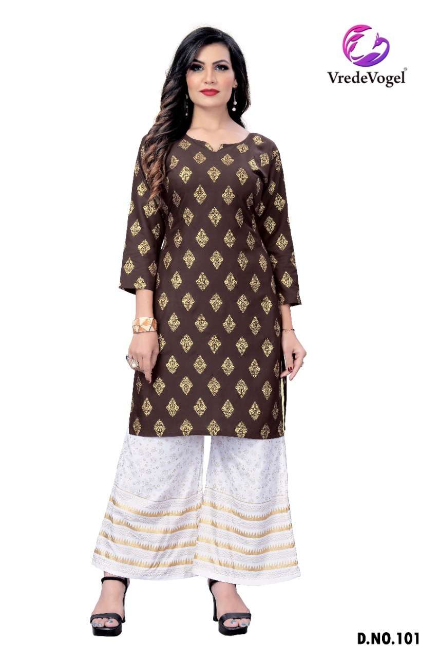 RIMI BY VREDE VOGEL 101 TO 110 SERIES DESIGNER STYLISH FANCY COLORFUL BEAUTIFUL PARTY WEAR & ETHNIC WEAR COLLECTION HEAVY RAYON FOIL PRINT KURTIS WITH BOTTOM AT WHOLESALE PRICE