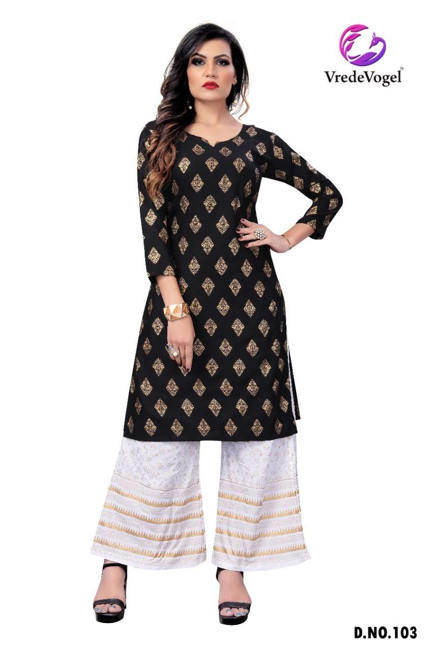RIMI BY VREDE VOGEL 101 TO 110 SERIES DESIGNER STYLISH FANCY COLORFUL BEAUTIFUL PARTY WEAR & ETHNIC WEAR COLLECTION HEAVY RAYON FOIL PRINT KURTIS WITH BOTTOM AT WHOLESALE PRICE