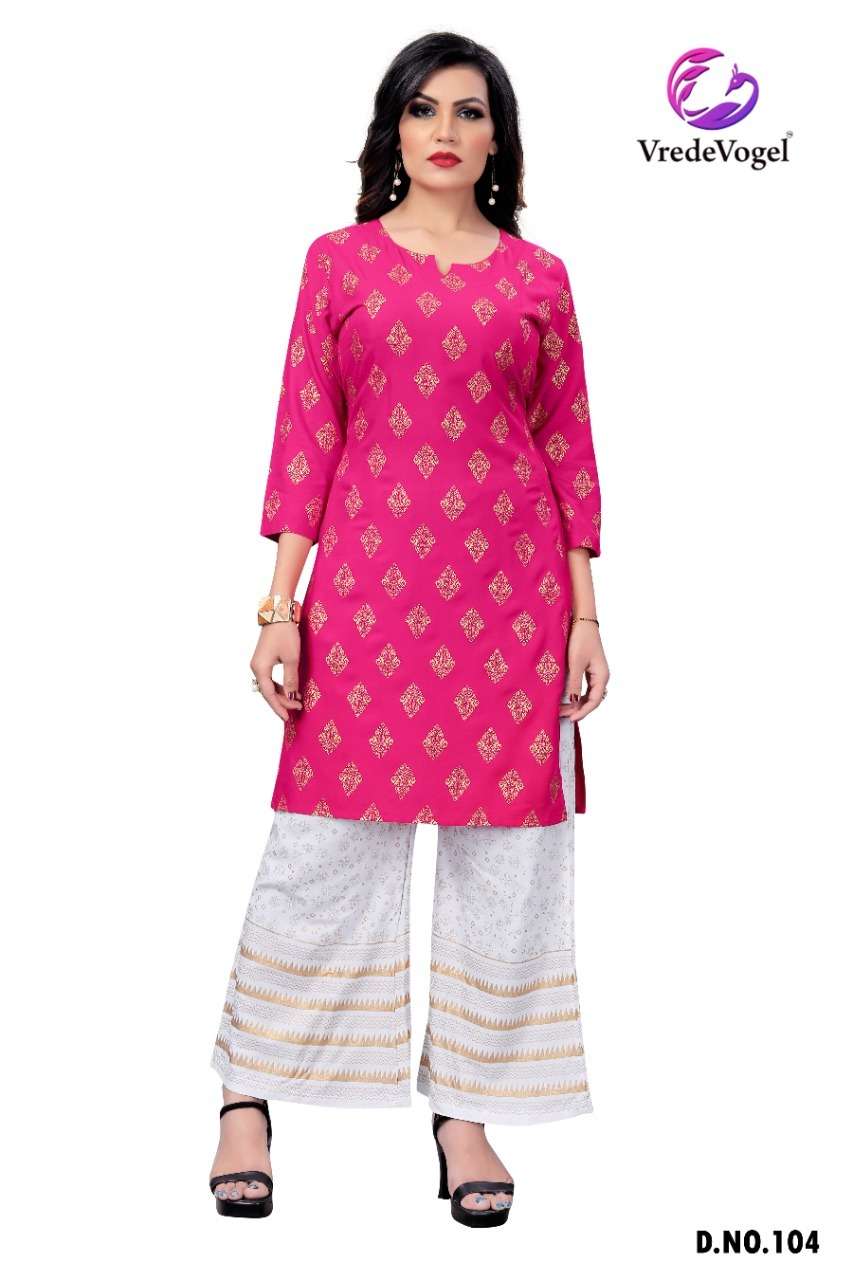 RIMI BY VREDE VOGEL 101 TO 110 SERIES DESIGNER STYLISH FANCY COLORFUL BEAUTIFUL PARTY WEAR & ETHNIC WEAR COLLECTION HEAVY RAYON FOIL PRINT KURTIS WITH BOTTOM AT WHOLESALE PRICE