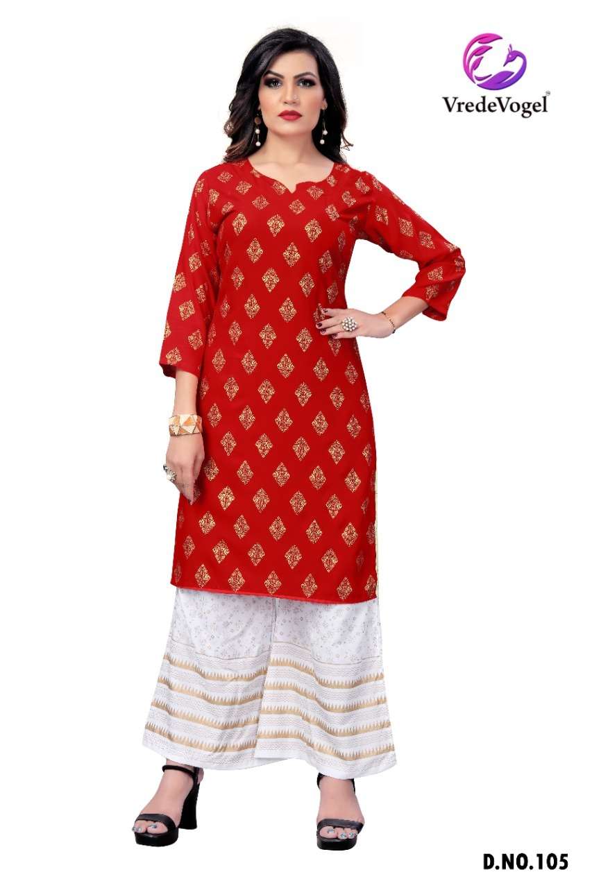 RIMI BY VREDE VOGEL 101 TO 110 SERIES DESIGNER STYLISH FANCY COLORFUL BEAUTIFUL PARTY WEAR & ETHNIC WEAR COLLECTION HEAVY RAYON FOIL PRINT KURTIS WITH BOTTOM AT WHOLESALE PRICE