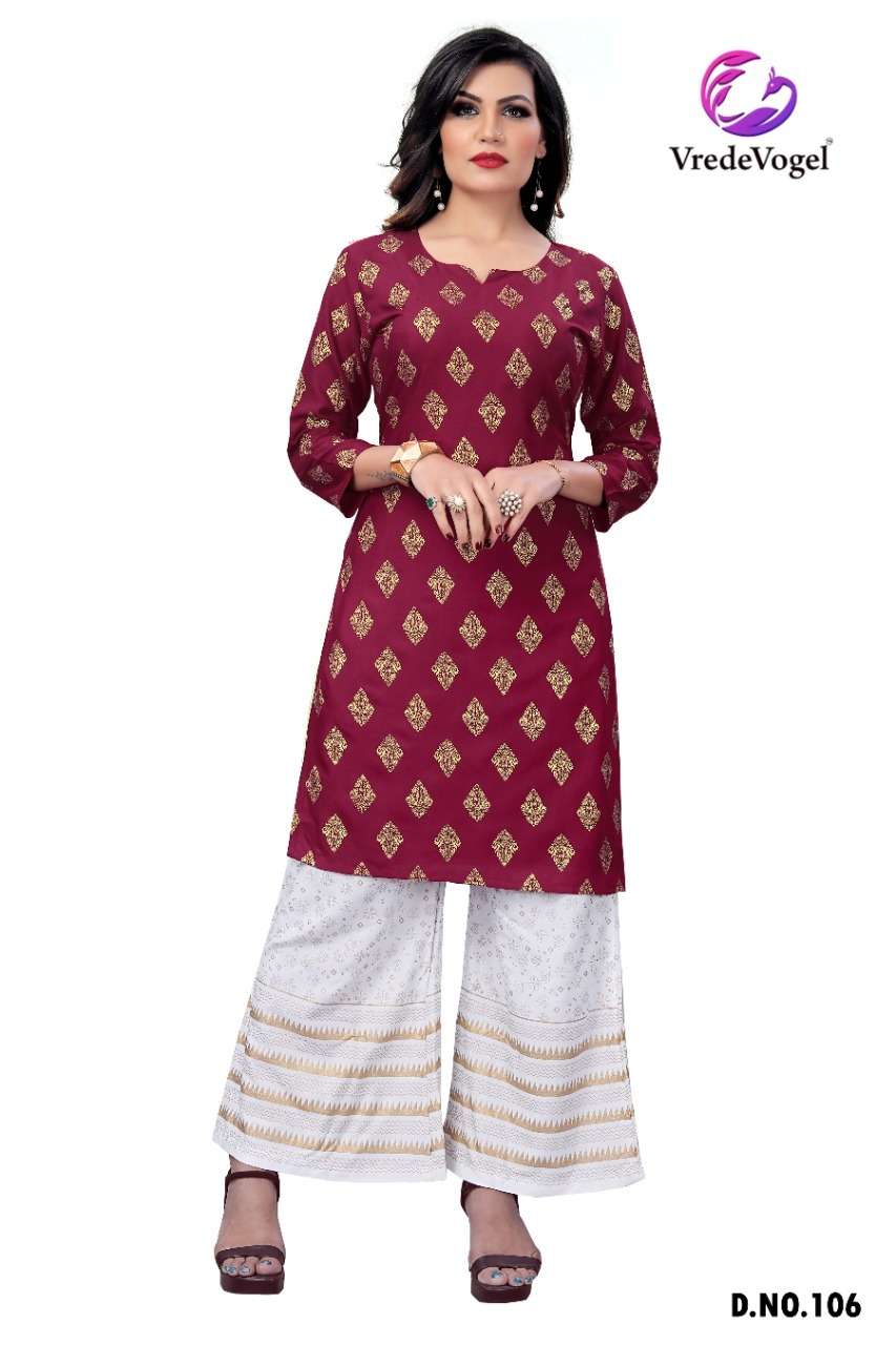 RIMI BY VREDE VOGEL 101 TO 110 SERIES DESIGNER STYLISH FANCY COLORFUL BEAUTIFUL PARTY WEAR & ETHNIC WEAR COLLECTION HEAVY RAYON FOIL PRINT KURTIS WITH BOTTOM AT WHOLESALE PRICE