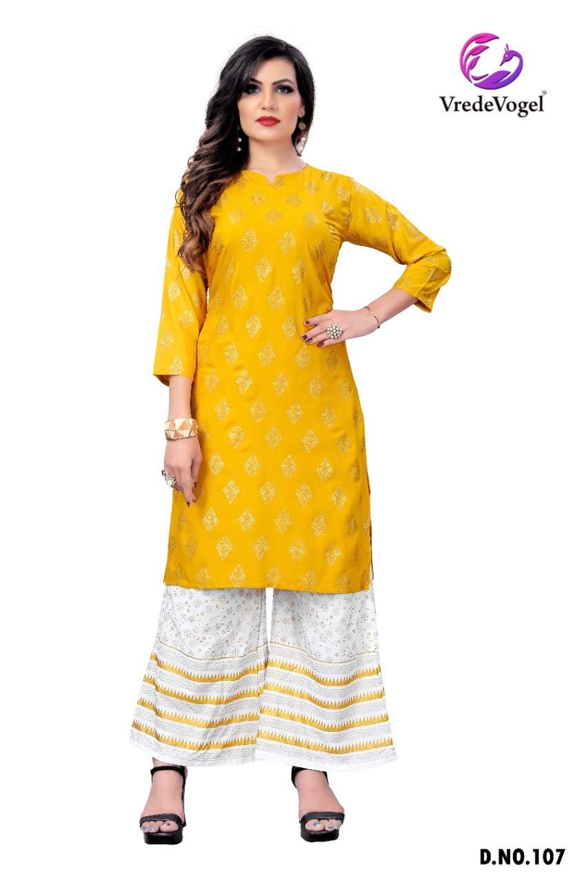 RIMI BY VREDE VOGEL 101 TO 110 SERIES DESIGNER STYLISH FANCY COLORFUL BEAUTIFUL PARTY WEAR & ETHNIC WEAR COLLECTION HEAVY RAYON FOIL PRINT KURTIS WITH BOTTOM AT WHOLESALE PRICE