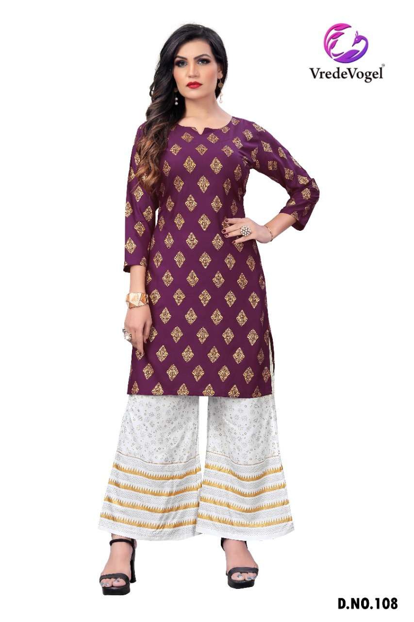 RIMI BY VREDE VOGEL 101 TO 110 SERIES DESIGNER STYLISH FANCY COLORFUL BEAUTIFUL PARTY WEAR & ETHNIC WEAR COLLECTION HEAVY RAYON FOIL PRINT KURTIS WITH BOTTOM AT WHOLESALE PRICE