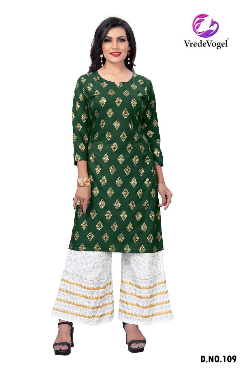 RIMI BY VREDE VOGEL 101 TO 110 SERIES DESIGNER STYLISH FANCY COLORFUL BEAUTIFUL PARTY WEAR & ETHNIC WEAR COLLECTION HEAVY RAYON FOIL PRINT KURTIS WITH BOTTOM AT WHOLESALE PRICE