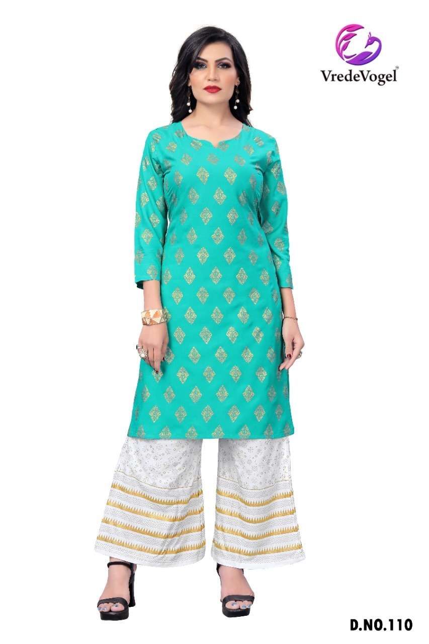 RIMI BY VREDE VOGEL 101 TO 110 SERIES DESIGNER STYLISH FANCY COLORFUL BEAUTIFUL PARTY WEAR & ETHNIC WEAR COLLECTION HEAVY RAYON FOIL PRINT KURTIS WITH BOTTOM AT WHOLESALE PRICE