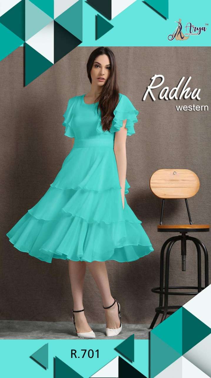 RADHU BY ARYA DRESS MAKER 701 TO 706 SERIES DESIGNER STYLISH FANCY COLORFUL BEAUTIFUL PARTY WEAR & ETHNIC WEAR COLLECTION FAUX GEORGETTE KURTIS AT WHOLESALE PRICE