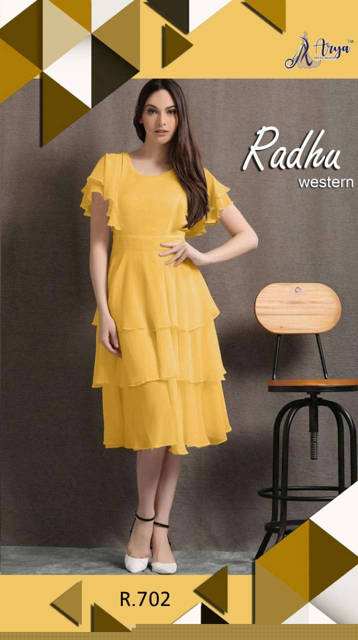 RADHU BY ARYA DRESS MAKER 701 TO 706 SERIES DESIGNER STYLISH FANCY COLORFUL BEAUTIFUL PARTY WEAR & ETHNIC WEAR COLLECTION FAUX GEORGETTE KURTIS AT WHOLESALE PRICE