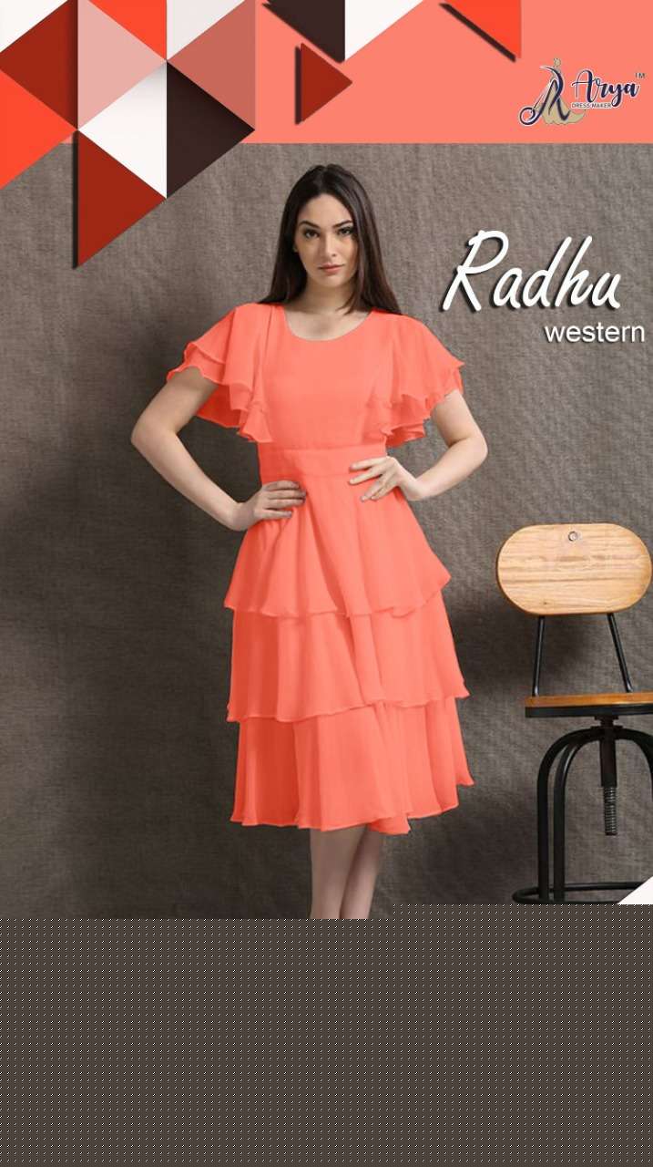 RADHU BY ARYA DRESS MAKER 701 TO 706 SERIES DESIGNER STYLISH FANCY COLORFUL BEAUTIFUL PARTY WEAR & ETHNIC WEAR COLLECTION FAUX GEORGETTE KURTIS AT WHOLESALE PRICE