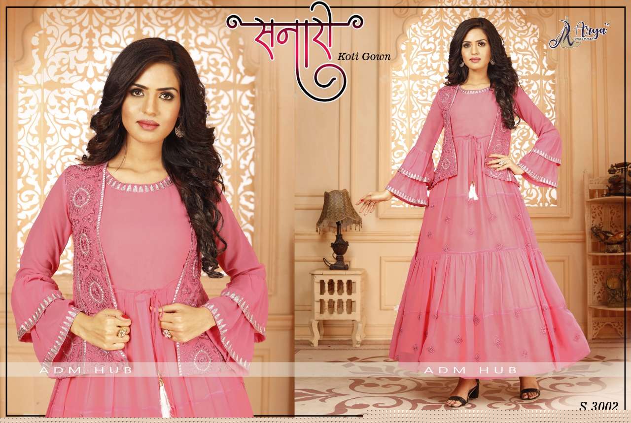 SANARI BY ARYA DRESS MAKER 3001 TO 3006 SERIES BEAUTIFUL STYLISH FANCY COLORFUL CASUAL WEAR & ETHNIC WEAR FAUX GEORGETTE GOWNS WITH KOTI AT WHOLESALE PRICE