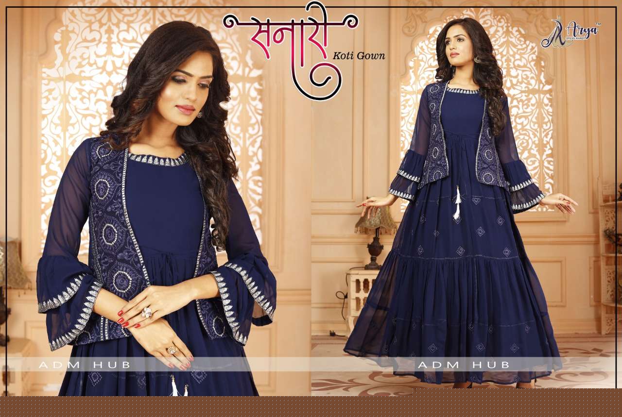 SANARI BY ARYA DRESS MAKER 3001 TO 3006 SERIES BEAUTIFUL STYLISH FANCY COLORFUL CASUAL WEAR & ETHNIC WEAR FAUX GEORGETTE GOWNS WITH KOTI AT WHOLESALE PRICE
