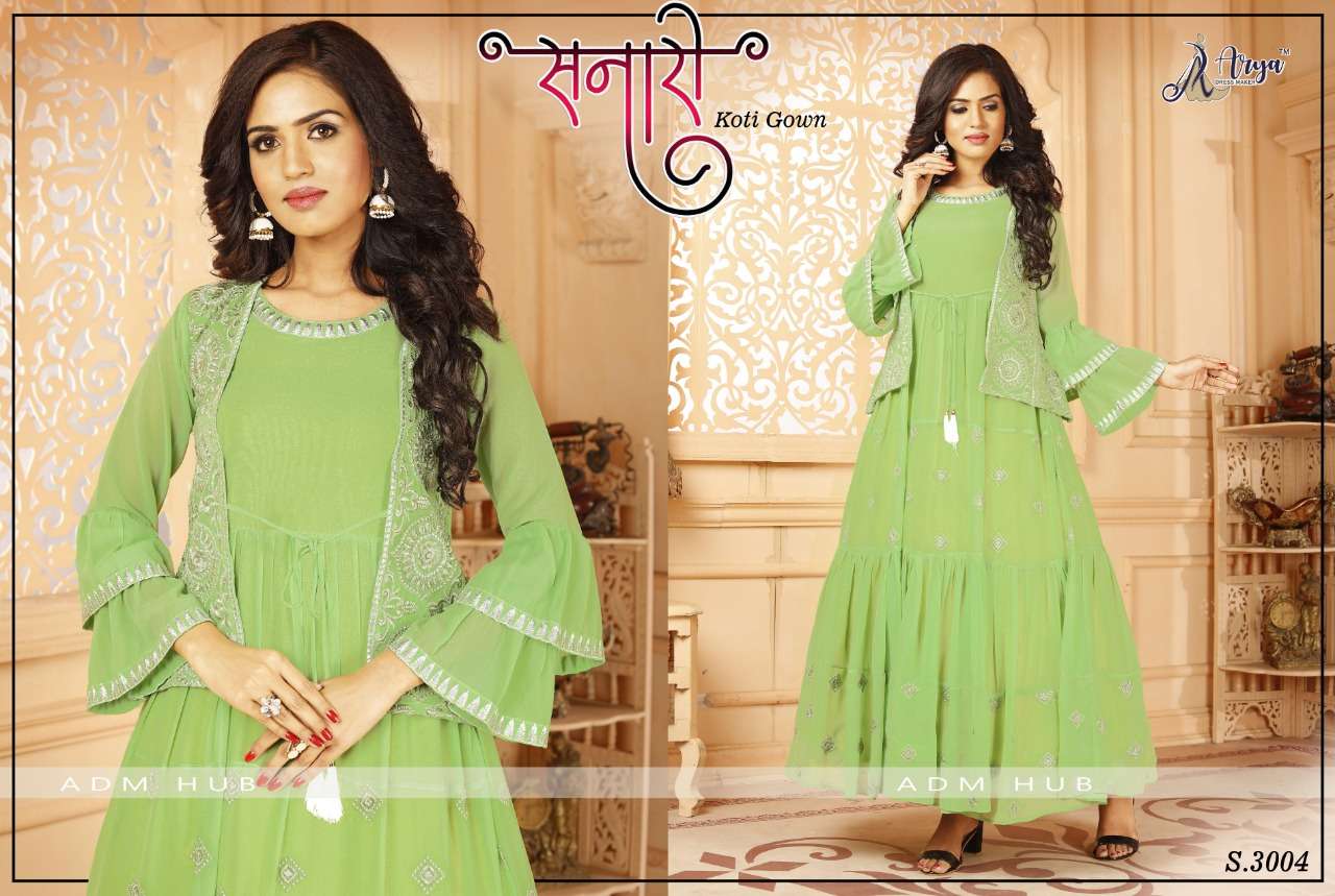 SANARI BY ARYA DRESS MAKER 3001 TO 3006 SERIES BEAUTIFUL STYLISH FANCY COLORFUL CASUAL WEAR & ETHNIC WEAR FAUX GEORGETTE GOWNS WITH KOTI AT WHOLESALE PRICE