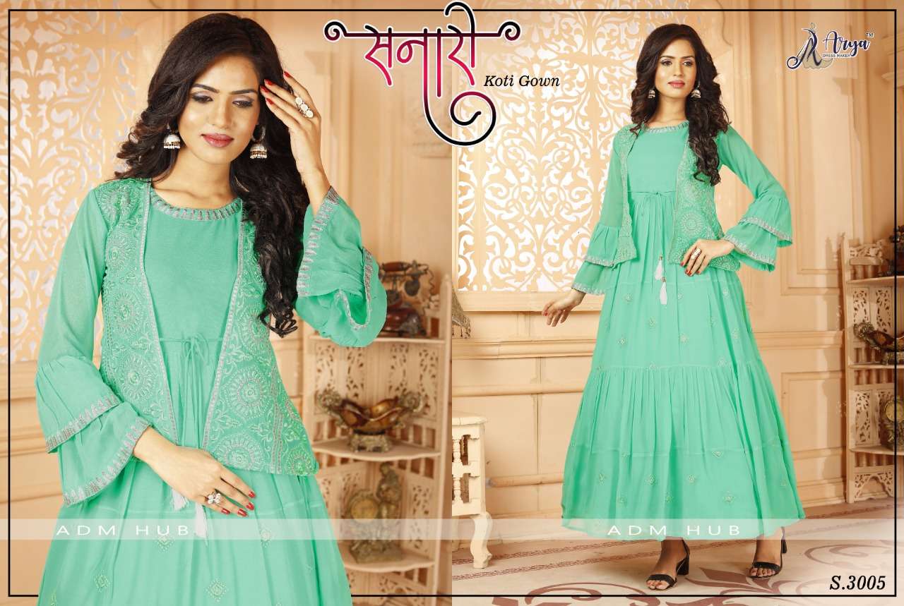 SANARI BY ARYA DRESS MAKER 3001 TO 3006 SERIES BEAUTIFUL STYLISH FANCY COLORFUL CASUAL WEAR & ETHNIC WEAR FAUX GEORGETTE GOWNS WITH KOTI AT WHOLESALE PRICE