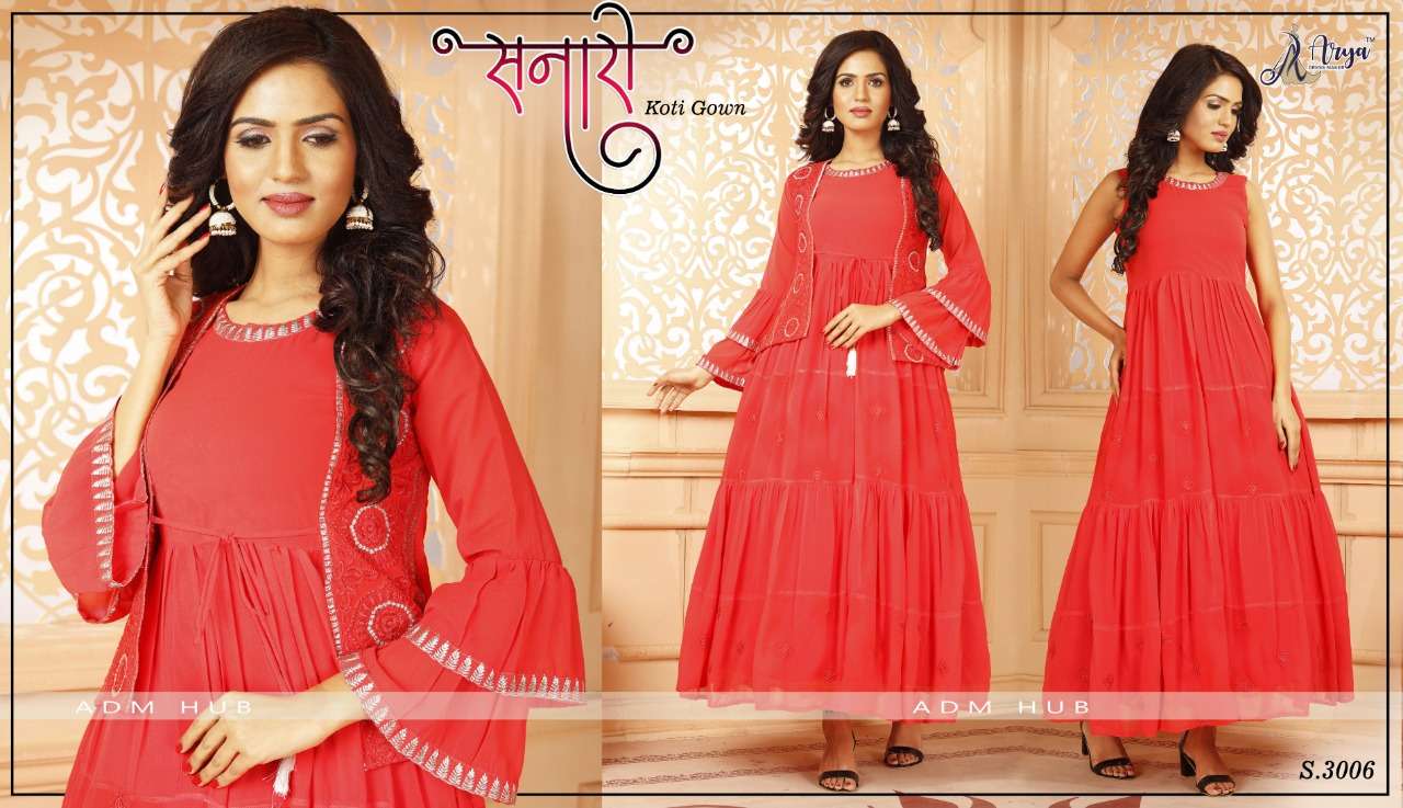 SANARI BY ARYA DRESS MAKER 3001 TO 3006 SERIES BEAUTIFUL STYLISH FANCY COLORFUL CASUAL WEAR & ETHNIC WEAR FAUX GEORGETTE GOWNS WITH KOTI AT WHOLESALE PRICE