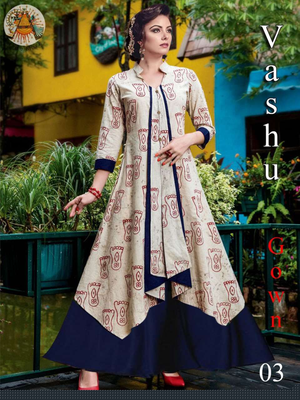 VASHU BY ARYA DRESS MAKER 01 TO 06 SERIES BEAUTIFUL STYLISH FANCY COLORFUL CASUAL WEAR & ETHNIC WEAR RAYON COTTON GOWNS WITH KOTI AT WHOLESALE PRICE