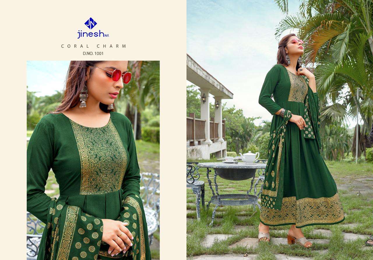 AKANSHA BY JINESH NX 1001 TO 1006 SERIES BEAUTIFUL STYLISH FANCY COLORFUL CASUAL WEAR & ETHNIC WEAR RAYON PRINT GOWNS WITH DUPATTA AT WHOLESALE PRICE