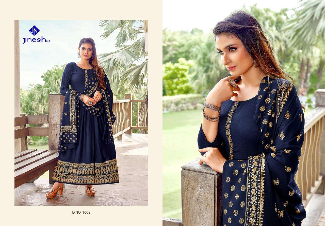 AKANSHA BY JINESH NX 1001 TO 1006 SERIES BEAUTIFUL STYLISH FANCY COLORFUL CASUAL WEAR & ETHNIC WEAR RAYON PRINT GOWNS WITH DUPATTA AT WHOLESALE PRICE