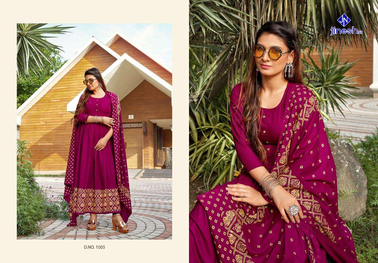 AKANSHA BY JINESH NX 1001 TO 1006 SERIES BEAUTIFUL STYLISH FANCY COLORFUL CASUAL WEAR & ETHNIC WEAR RAYON PRINT GOWNS WITH DUPATTA AT WHOLESALE PRICE
