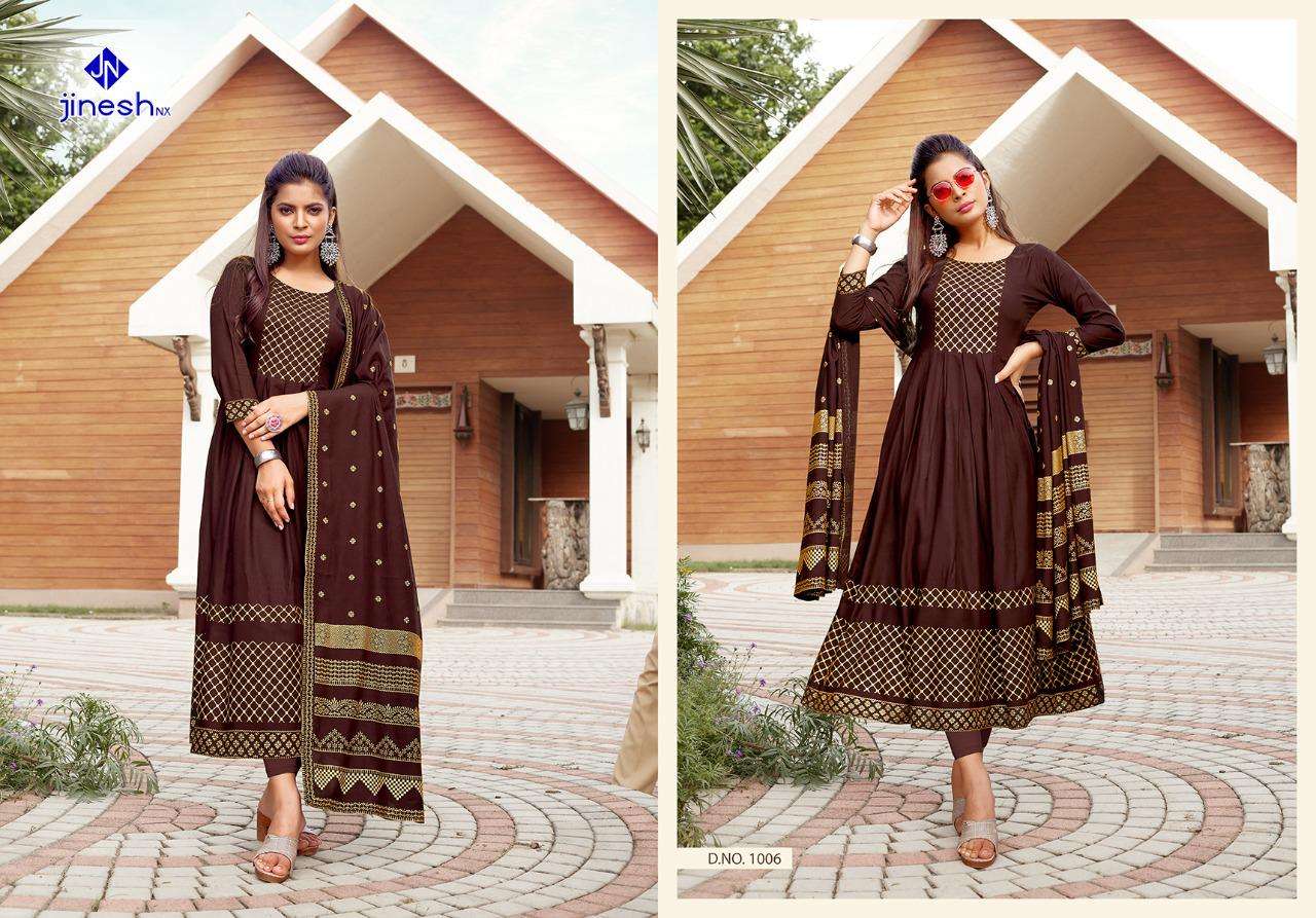 AKANSHA BY JINESH NX 1001 TO 1006 SERIES BEAUTIFUL STYLISH FANCY COLORFUL CASUAL WEAR & ETHNIC WEAR RAYON PRINT GOWNS WITH DUPATTA AT WHOLESALE PRICE