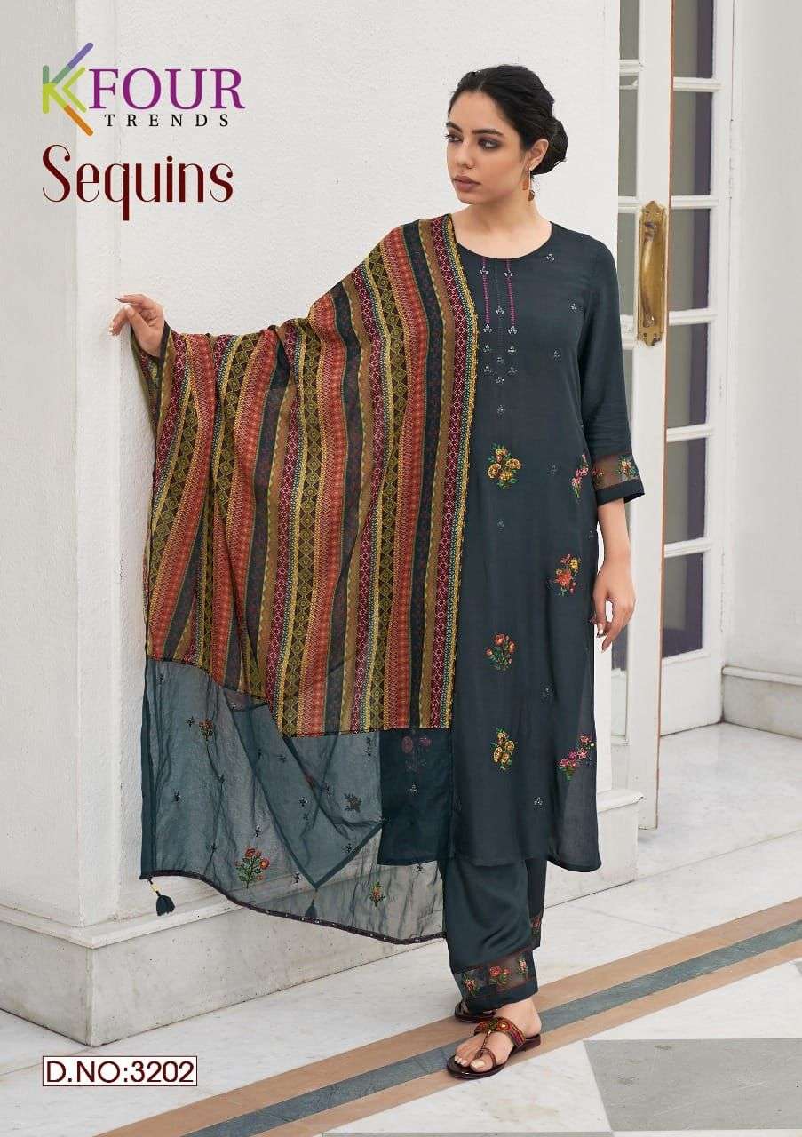 SEQUINS BY KFOUR TRENDS 3201 TO 3206 SERIES BEAUTIFUL SUITS COLORFUL STYLISH FANCY CASUAL WEAR & ETHNIC WEAR VISCOSE SILK DRESSES AT WHOLESALE PRICE