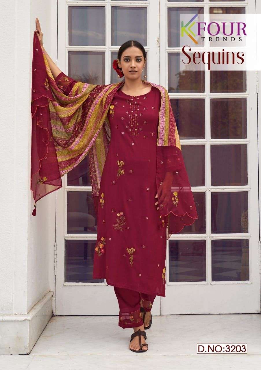 SEQUINS BY KFOUR TRENDS 3201 TO 3206 SERIES BEAUTIFUL SUITS COLORFUL STYLISH FANCY CASUAL WEAR & ETHNIC WEAR VISCOSE SILK DRESSES AT WHOLESALE PRICE