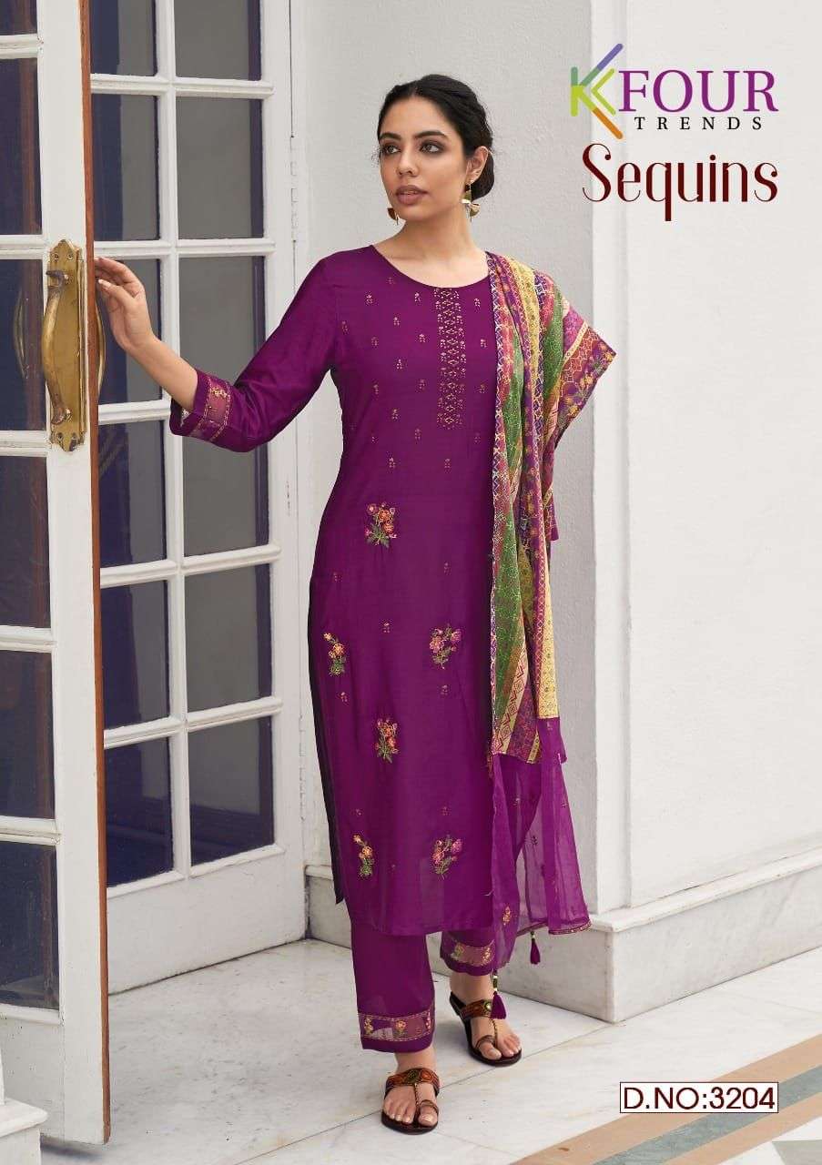 SEQUINS BY KFOUR TRENDS 3201 TO 3206 SERIES BEAUTIFUL SUITS COLORFUL STYLISH FANCY CASUAL WEAR & ETHNIC WEAR VISCOSE SILK DRESSES AT WHOLESALE PRICE