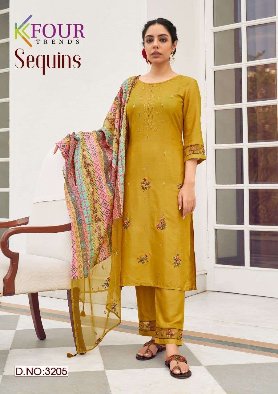 SEQUINS BY KFOUR TRENDS 3201 TO 3206 SERIES BEAUTIFUL SUITS COLORFUL STYLISH FANCY CASUAL WEAR & ETHNIC WEAR VISCOSE SILK DRESSES AT WHOLESALE PRICE