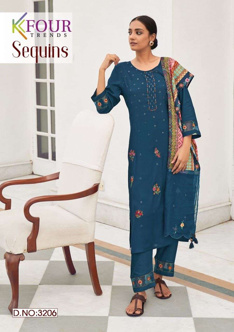 SEQUINS BY KFOUR TRENDS 3201 TO 3206 SERIES BEAUTIFUL SUITS COLORFUL STYLISH FANCY CASUAL WEAR & ETHNIC WEAR VISCOSE SILK DRESSES AT WHOLESALE PRICE