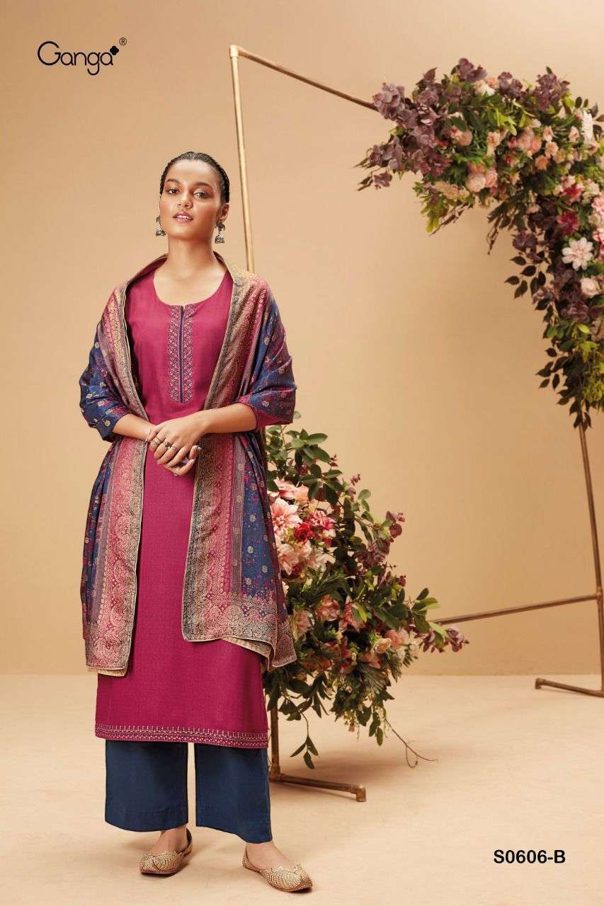 TANSY 606 BY GANGA FASHION S606-A TO S606-D SERIES BEAUTIFUL STYLISH SUITS FANCY COLORFUL CASUAL WEAR & ETHNIC WEAR & READY TO WEAR PASHMINA PRINTED DRESSES AT WHOLESALE PRICE