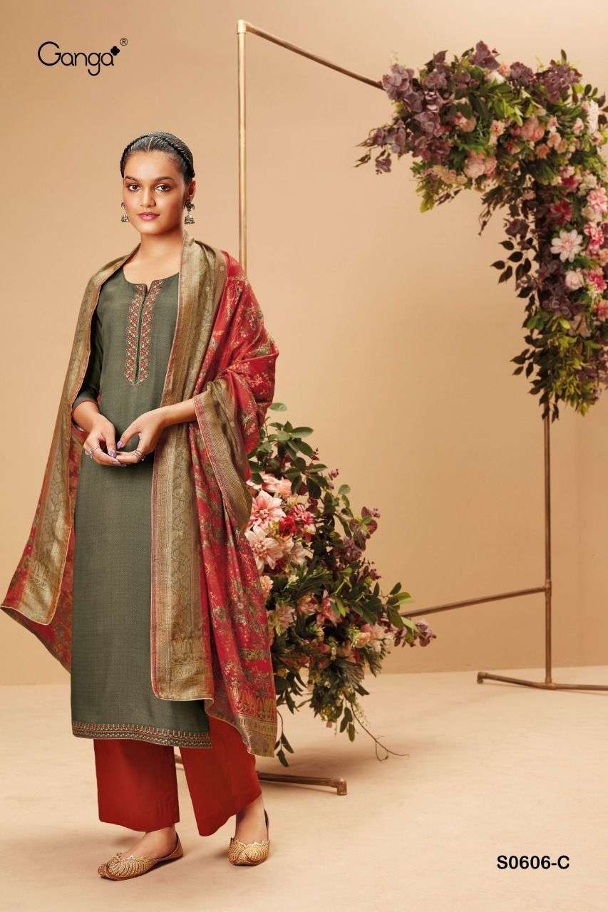 TANSY 606 BY GANGA FASHION S606-A TO S606-D SERIES BEAUTIFUL STYLISH SUITS FANCY COLORFUL CASUAL WEAR & ETHNIC WEAR & READY TO WEAR PASHMINA PRINTED DRESSES AT WHOLESALE PRICE