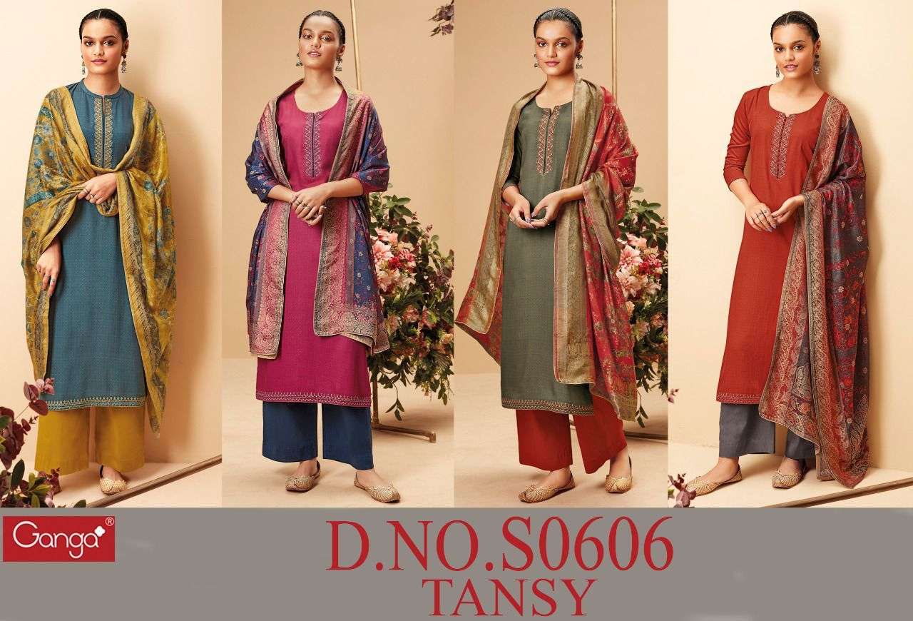 TANSY 606 BY GANGA FASHION S606-A TO S606-D SERIES BEAUTIFUL STYLISH SUITS FANCY COLORFUL CASUAL WEAR & ETHNIC WEAR & READY TO WEAR PASHMINA PRINTED DRESSES AT WHOLESALE PRICE