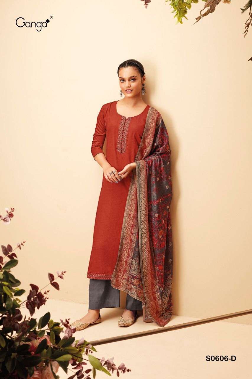 TANSY 606 BY GANGA FASHION S606-A TO S606-D SERIES BEAUTIFUL STYLISH SUITS FANCY COLORFUL CASUAL WEAR & ETHNIC WEAR & READY TO WEAR PASHMINA PRINTED DRESSES AT WHOLESALE PRICE