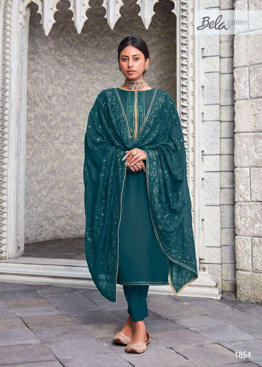NAZARIYA VOL-4 BY BELA FASHION 1854 TO 1859 SERIES BEAUTIFUL STYLISH SHARARA SUITS FANCY COLORFUL CASUAL WEAR & ETHNIC WEAR & READY TO WEAR MUSLIN DRESSES AT WHOLESALE PRICE
