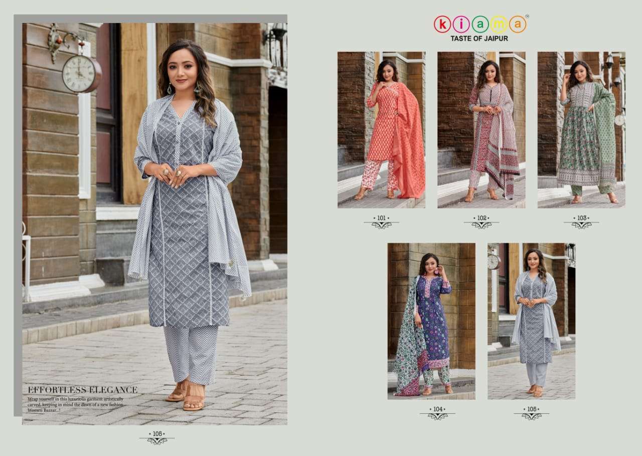 KIAMA VOL-1 BY KIAMA 101 TO 105 SERIES BEAUTIFUL SUITS COLORFUL STYLISH FANCY CASUAL WEAR & ETHNIC WEAR PURE COTTON PRINT DRESSES AT WHOLESALE PRICE
