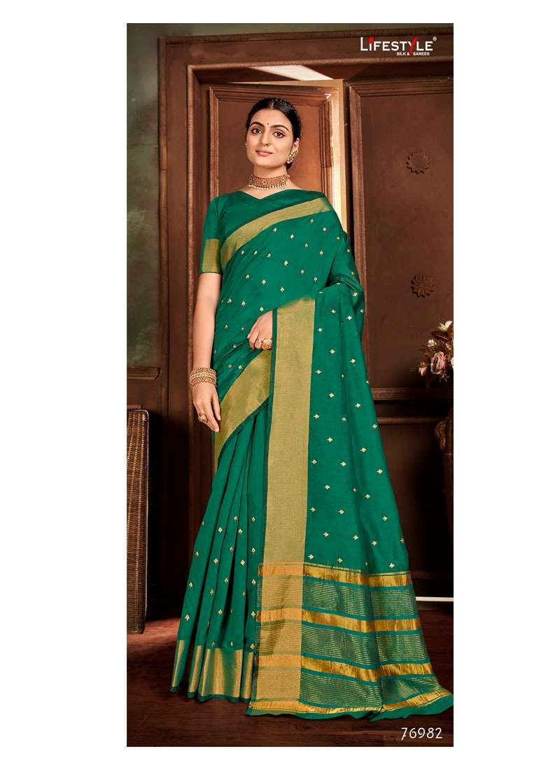 CHANDRAMUKHI BY LIFESTYLE 76981 TO 76986 SERIES INDIAN TRADITIONAL WEAR COLLECTION BEAUTIFUL STYLISH FANCY COLORFUL PARTY WEAR & OCCASIONAL WEAR CHANDERI EMBROIDERED SAREES AT WHOLESALE PRICE