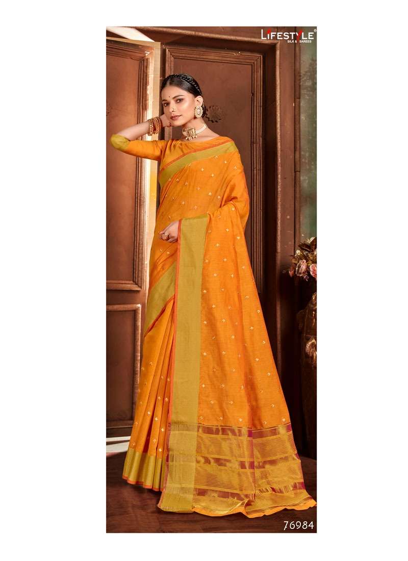 CHANDRAMUKHI BY LIFESTYLE 76981 TO 76986 SERIES INDIAN TRADITIONAL WEAR COLLECTION BEAUTIFUL STYLISH FANCY COLORFUL PARTY WEAR & OCCASIONAL WEAR CHANDERI EMBROIDERED SAREES AT WHOLESALE PRICE