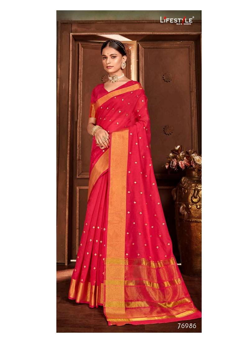 CHANDRAMUKHI BY LIFESTYLE 76981 TO 76986 SERIES INDIAN TRADITIONAL WEAR COLLECTION BEAUTIFUL STYLISH FANCY COLORFUL PARTY WEAR & OCCASIONAL WEAR CHANDERI EMBROIDERED SAREES AT WHOLESALE PRICE
