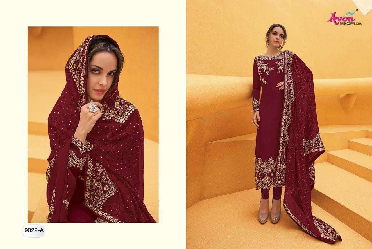 AVON 9022 COLOURS BY AVON 9022 TO 9022-F SERIES BEAUTIFUL SUITS COLORFUL STYLISH FANCY CASUAL WEAR & ETHNIC WEAR HEAVY FAUX GEORGETTE EMBROIDERED DRESSES AT WHOLESALE PRICE