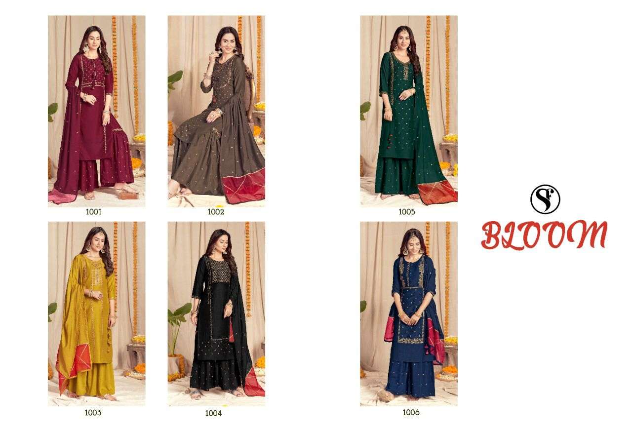 BLOOM BY SWEETY FASHION 1001 TO 1006 SERIES BEAUTIFUL SHARARA SUITS COLORFUL STYLISH FANCY CASUAL WEAR & ETHNIC WEAR FANCY SILK DRESSES AT WHOLESALE PRICE