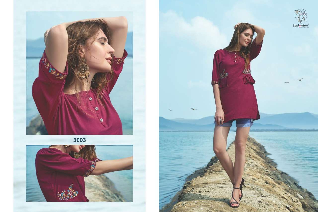FARMAISH VOL-3 BY LADY VIEW 3001 TO 3008 SERIES BEAUTIFUL STYLISH FANCY COLORFUL CASUAL WEAR & ETHNIC WEAR HEAVY RAYON EMBROIDERED TOPS AT WHOLESALE PRICE