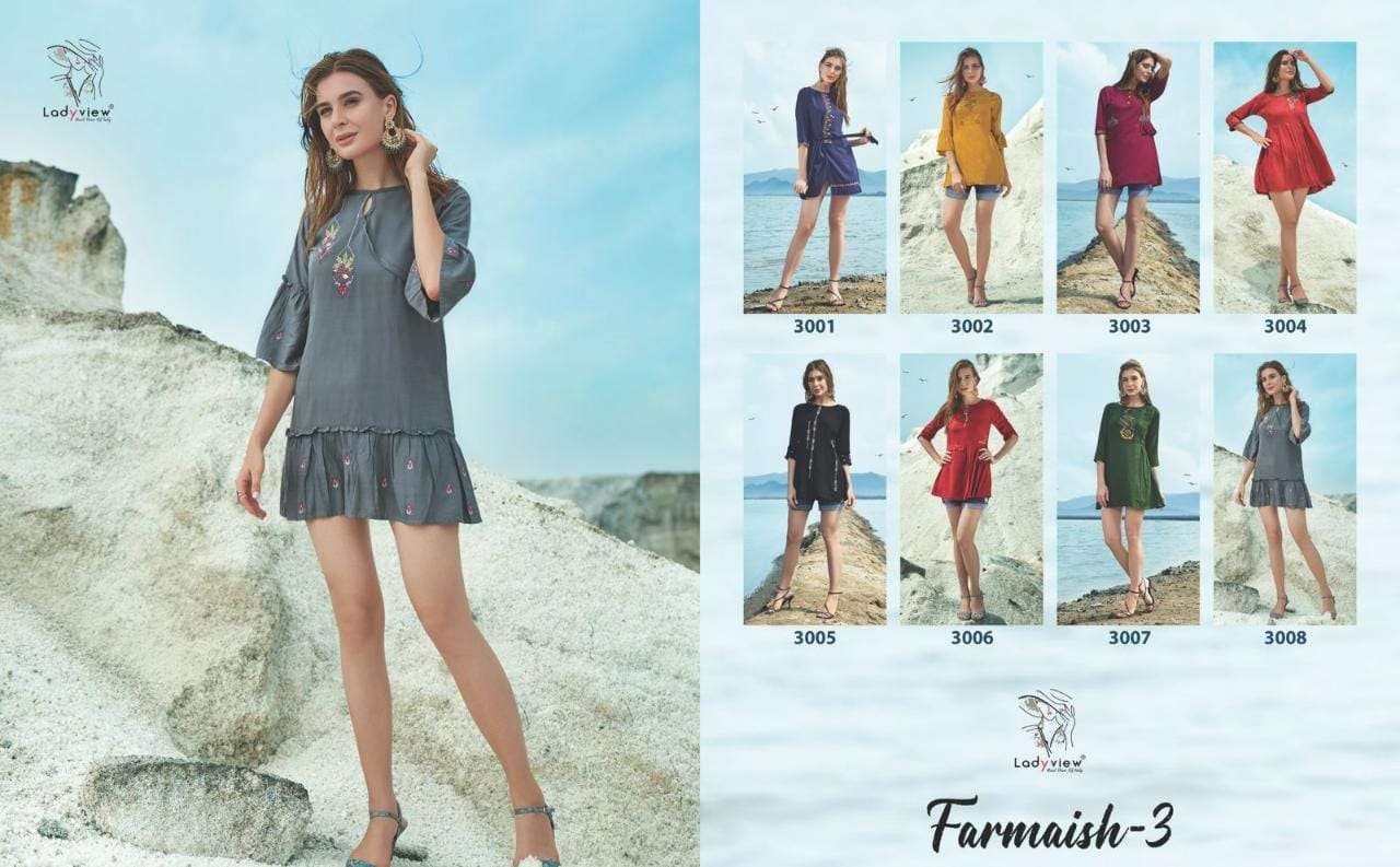 FARMAISH VOL-3 BY LADY VIEW 3001 TO 3008 SERIES BEAUTIFUL STYLISH FANCY COLORFUL CASUAL WEAR & ETHNIC WEAR HEAVY RAYON EMBROIDERED TOPS AT WHOLESALE PRICE