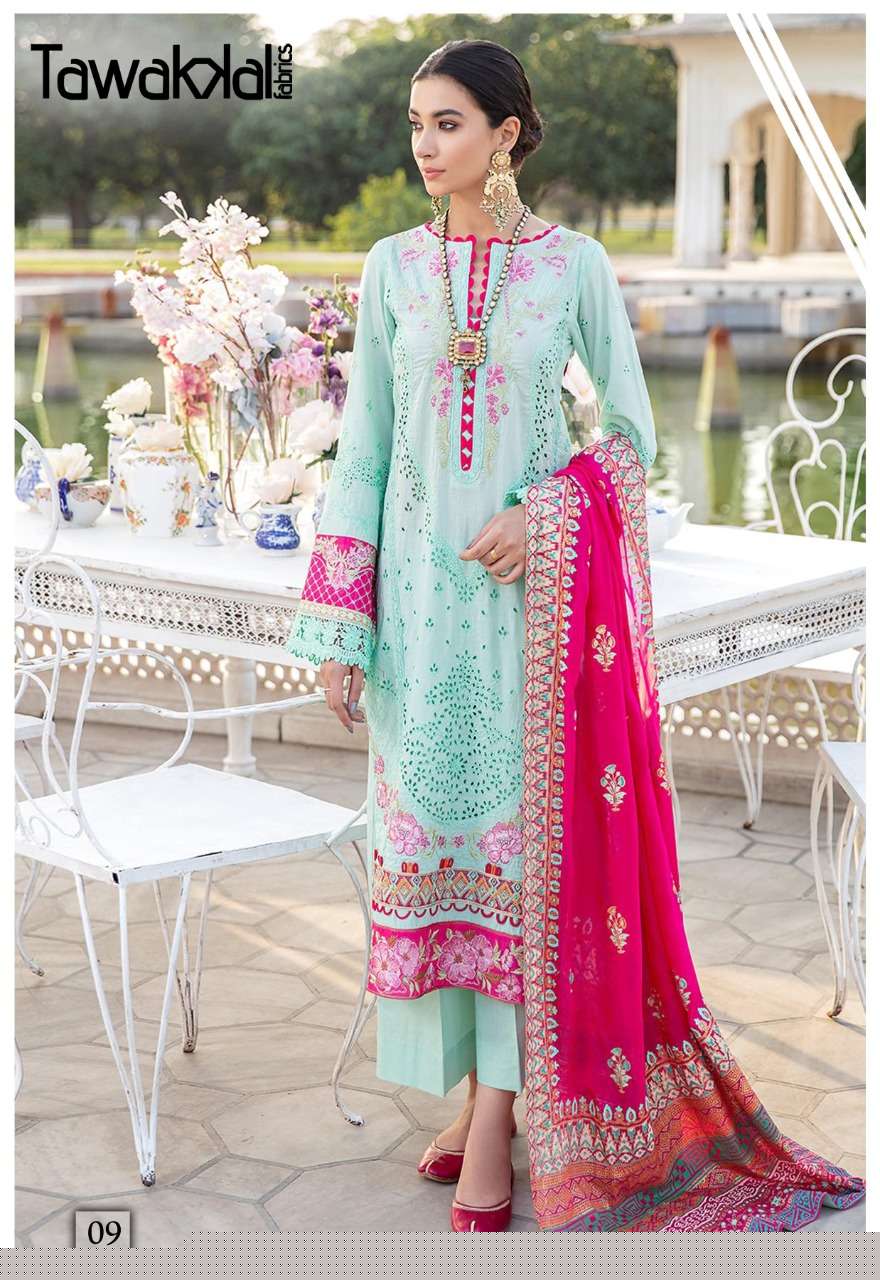 ZAAFIRA BY TAWAKKAL FAB 01 TO 10 SERIES DESIGNER PAKISTANI SUITS BEAUTIFUL STYLISH FANCY COLORFUL PARTY WEAR & OCCASIONAL WEAR COTTON DRESSES AT WHOLESALE PRICE